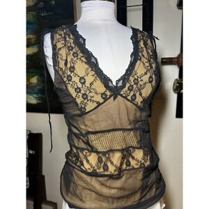 Fifi Collection Black Lace Tan Nude Mesh Overlay V-Neck Sleeveless Top Womens M